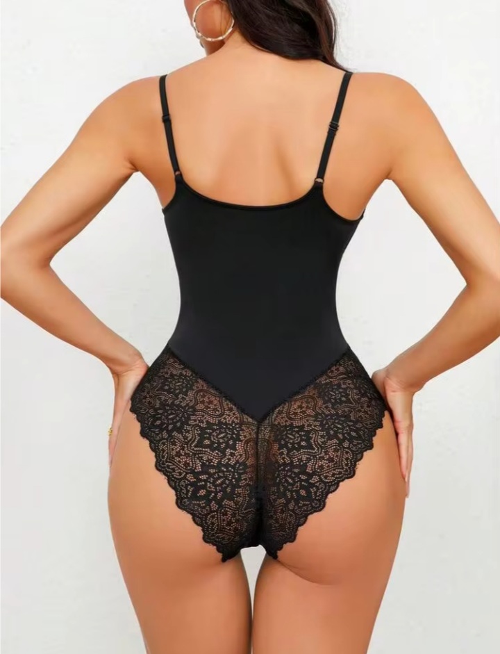 Women’s Black Lace Splice Bodysuit – Stylish V-Neck Floral Lace One-Piece Lingerie